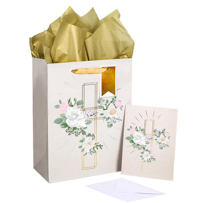 LeZakaa 13" Cross Gift Bag with Flower Design, Silver Christian Gift Bag with Tissue Paper, Gift Tag and Card for Christenings, Religious First Holy Communion, Confirmation, Weddings, Clergy Day