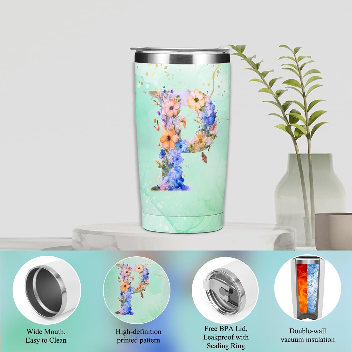 Personalized Gifts Monogrammed Birthday Gifts for Women, Mommy, Female Going Away Christmas, Initial 20 oz Tumbler, Makeup Cosmetic Bag Cup Pens Journal Notebook 6 Set, (Aesthetic Green Flower P)
