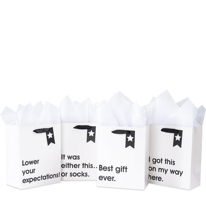 Loveinside Christmas Medium Size Gift Bags Set, Funny Quirky Design with Bold Black Text Pattern with Tissue Paper Perfect for Shopping, Parties, Birthday, Holiday, 4 Pack, 7" X 4" X 9"