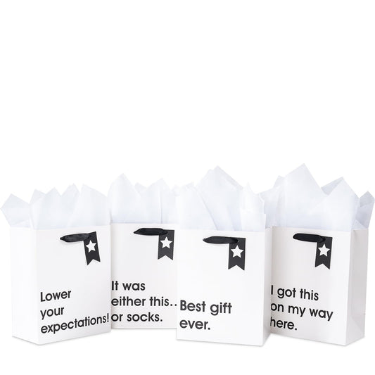 Loveinside Christmas Medium Size Gift Bags Set, Funny Quirky Design with Bold Black Text Pattern with Tissue Paper Perfect for Shopping, Parties, Birthday, Holiday, 4 Pack, 7" X 4" X 9"