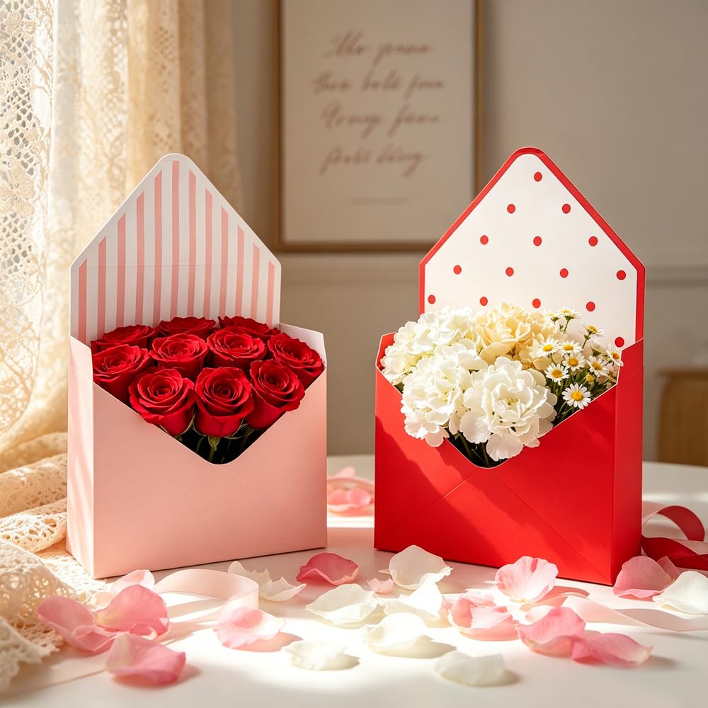 AnMTGDCT 4 PCS Mother's Day Flower Envelope Boxes, Florist Floral Envelope Gift Box Empty Flower Stripe Paper Bouquet Box or Mother's Day Wedding Birthday Valentine Party Arrangements, Pink Red