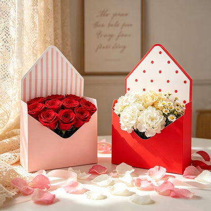 AnMTGDCT 4 PCS Mother's Day Flower Envelope Boxes, Florist Floral Envelope Gift Box Empty Flower Stripe Paper Bouquet Box or Mother's Day Wedding Birthday Valentine Party Arrangements, Pink Red