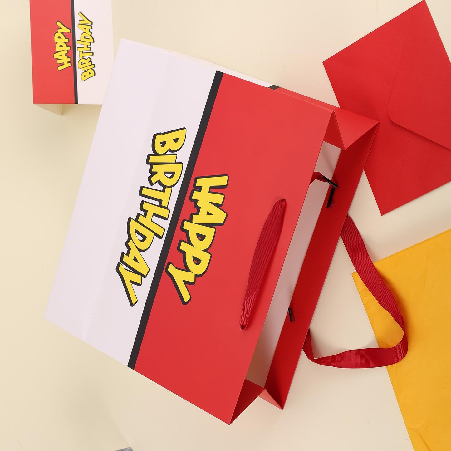 SAVITA Birthday Party Gift Bag Set, Red and White Cartoon Animation Theme Goodie Bag Wrapping Paper Greeting Card Envelope for Kids Birthday Party Decoration Supplies