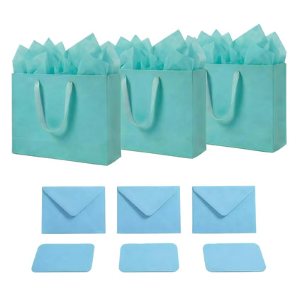 JUNESHE Teal Gift Bags Set of 3, 13.8 inch Paper Bag with Handles Matching Card Envelop Sticker Tissue Paper for Party Shopping Birthday Wedding Anniversary Turquoise