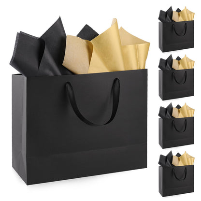 Addblu 5 Pack Large Black Gift Bags with Handles - Includes 10 Tissue Papers, 12.6x8.7x4 Inches for Men Birthday Party, Wedding, Bridesmaid, Groomsmen, Shopping Business, Christmas (Black Medium - 5Pcs)