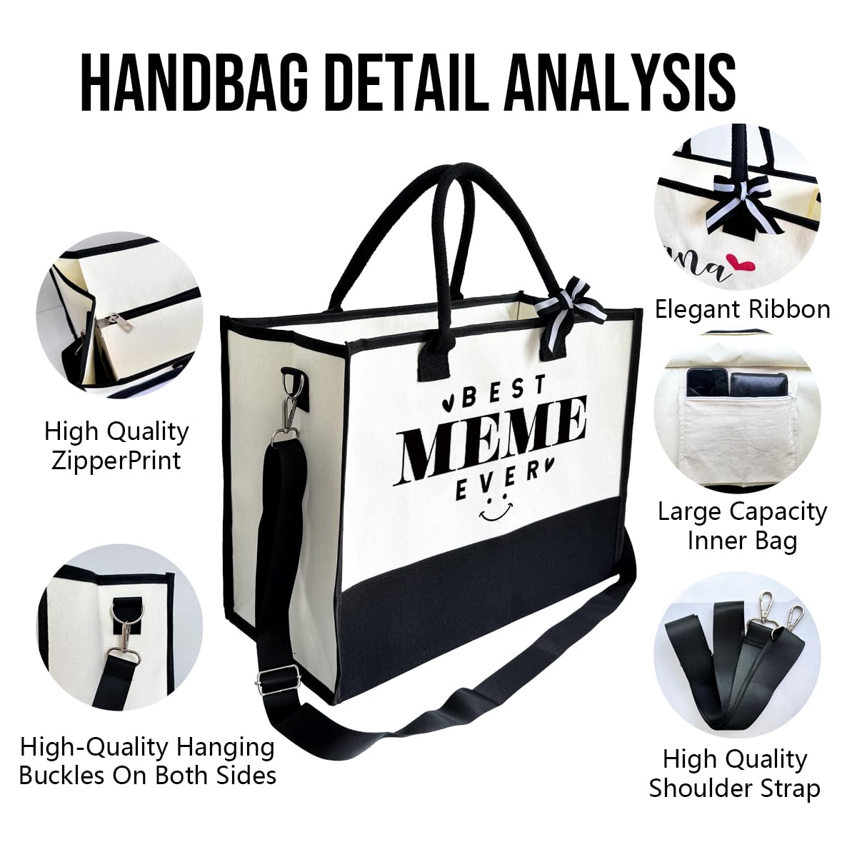 Canvas Beach Tote Bag for Women - Gift for Best Meme Ever, Birthday Present, Mother's Day - Outing Bag With Inner Pocket & Make Up Bag