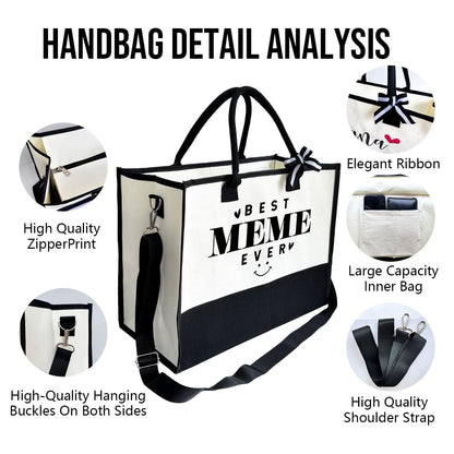 Canvas Beach Tote Bag for Women - Gift for Best Meme Ever, Birthday Present, Mother's Day - Outing Bag With Inner Pocket & Make Up Bag