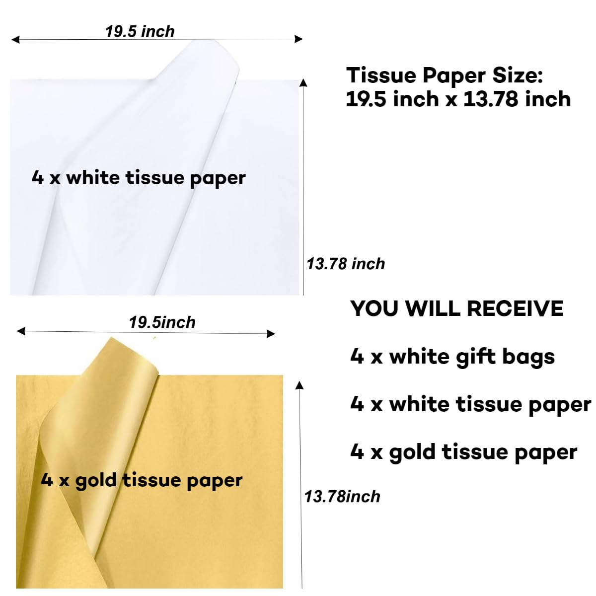 JUNESHE 4 Pack Small White Gift Bags with Tissue Paper,6.3 inch Mini Tiny Little Paper Bag for Birthday Party Favors Baby Bridal Shower Shopping Presents Wedding