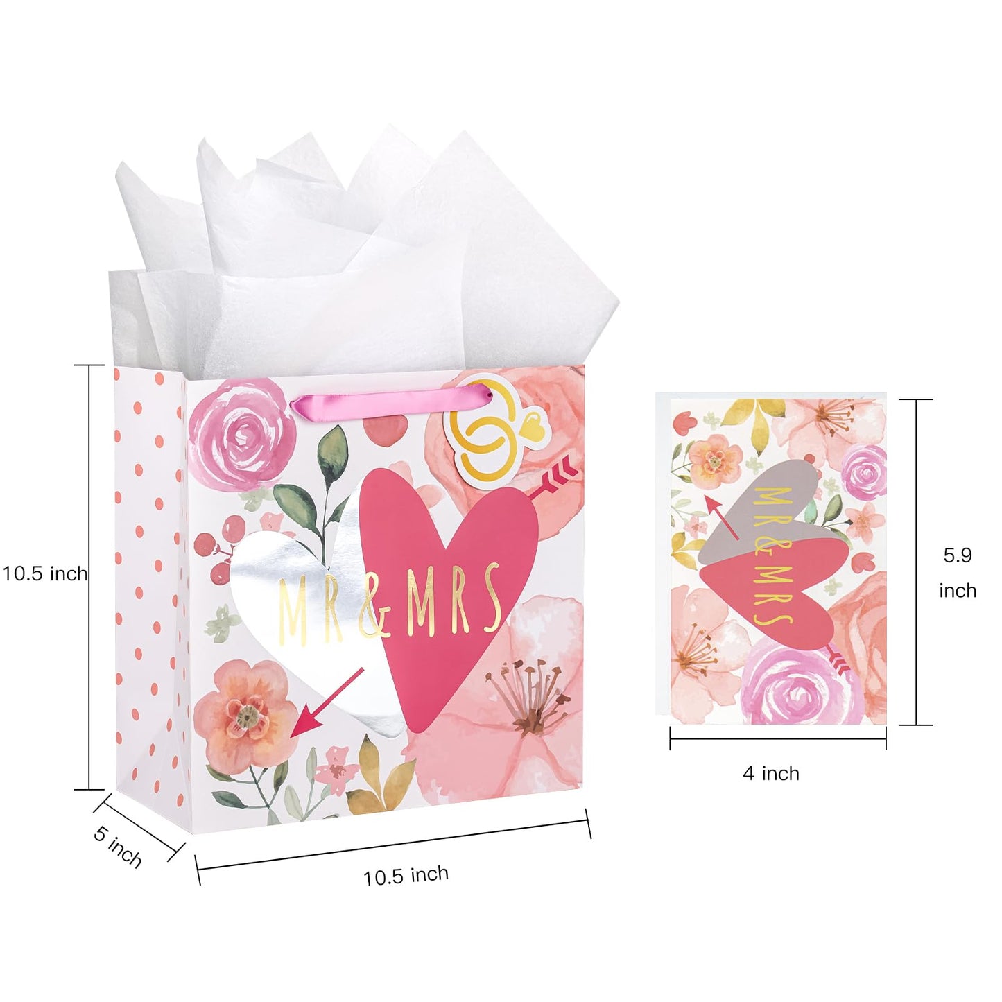 WRAPAHOLIC 10.5" Medium Gift Bags with Card and Tissue Paper - Mr & Mrs Design for Weddings, Engagements, Bridal Showers, Anniversary, Gift Wrap