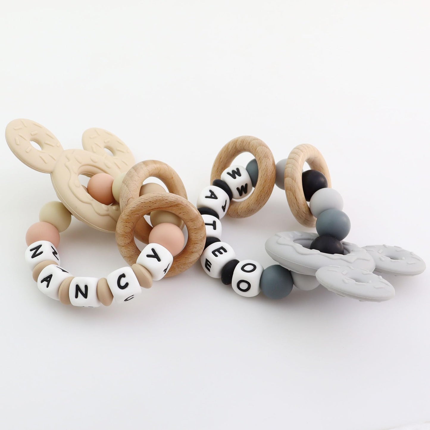 Personalized Baby Teether with Name - Custom Mouse Silicone Teether & Natural Wooden Ring for Boys & Girls - Handmade Unique Baby Shower Gift for Infants & Toddlers (Khaki)