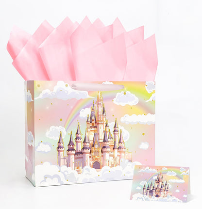 MUNILAIL 13 Inches Castle Gift Bag for Girls Large Gift Bag with Handle Tissue Paper and Greeting Card for Kids Birthday Princess Themed Party Large Paper Gift Bag