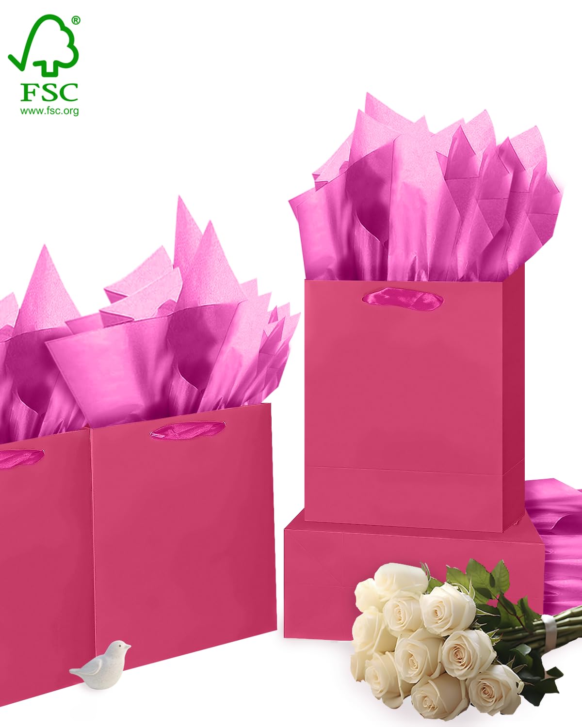 qiqee 10PCS Bright Pink Mini Gift Bags with Tissue Paper Handles 6.3"x4.7"x2.4" Small Size Present Party Favor Bags（ Tissue Paper ）