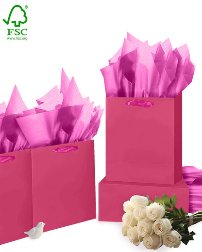 qiqee 10PCS Bright Pink Mini Gift Bags with Tissue Paper Handles 6.3"x4.7"x2.4" Small Size Present Party Favor Bags（ Tissue Paper ）