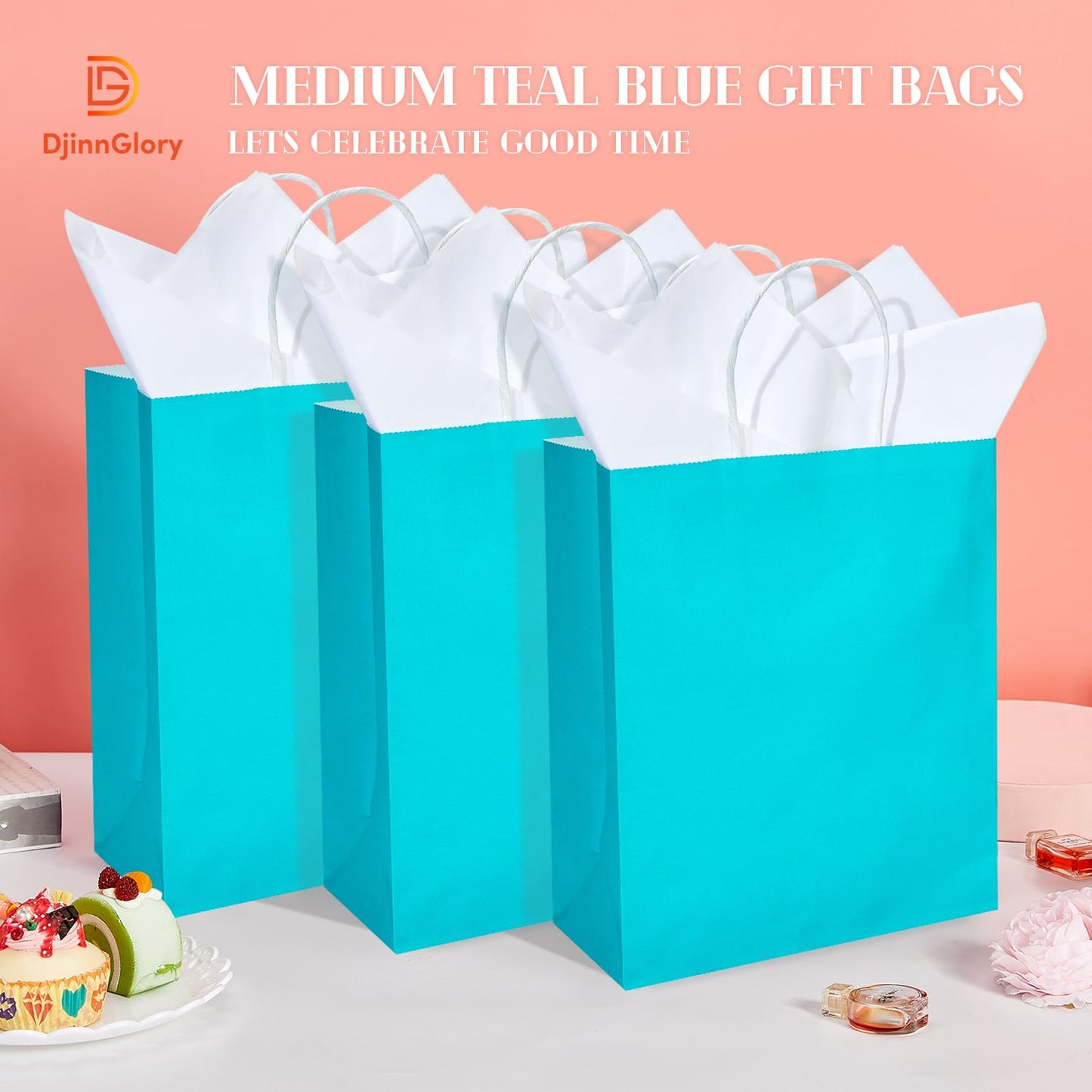 DjinnGlory 24 Pack Medium Size Teal Blue Paper Gift Bags with Handles 10x8x4 Inch and 24 Tissue Paper for Birthday Wedding Baby Bridal Shower Party Favors, Merchandise Shopping Bags