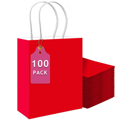 qiqee 100PCS Gift Bag with Handles Bulk Red Paper Bags Multiple Uses (13''x5 x10 inch Large Size)