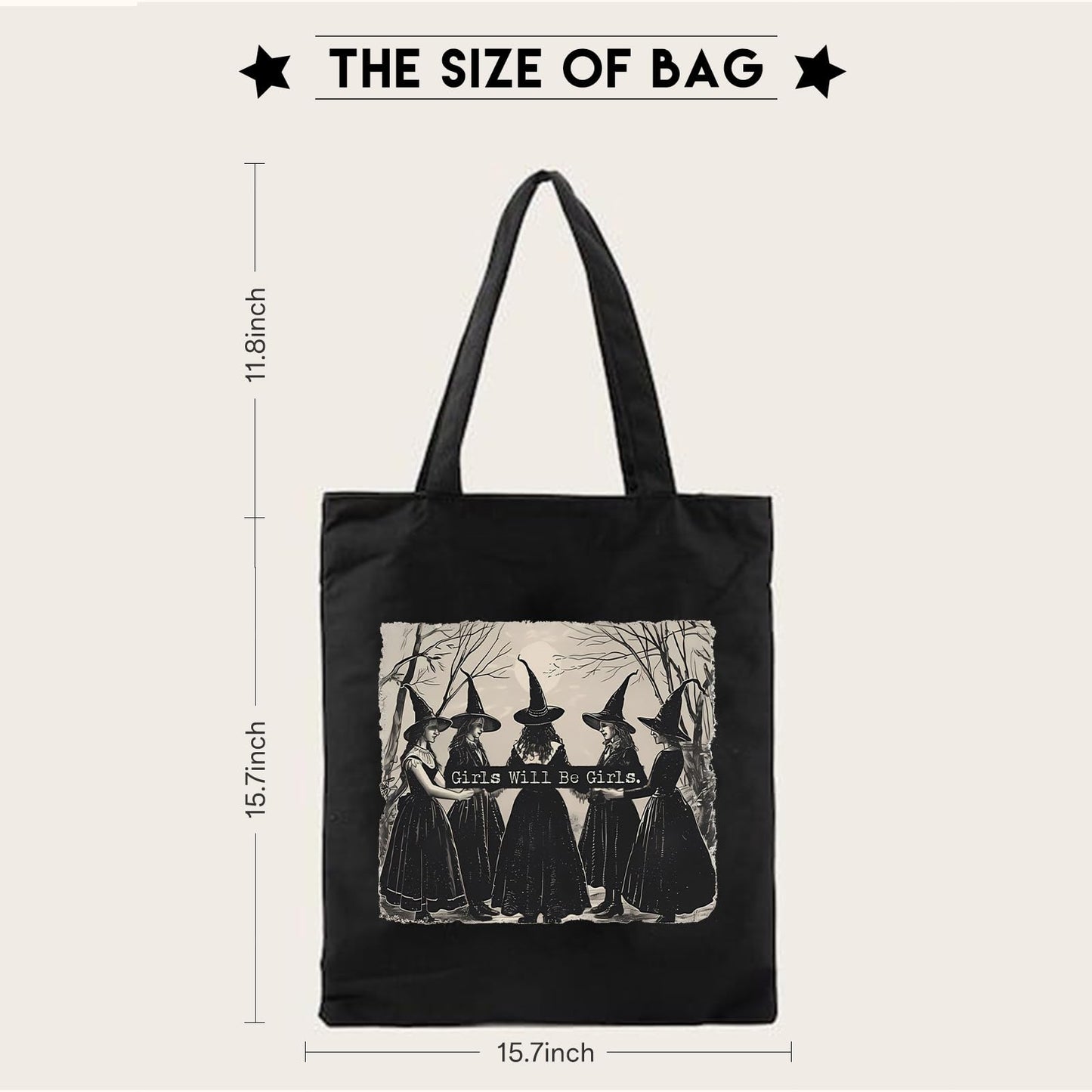 Kimoli Aesthetic Witchy Canvas Tote Bag for Women Funny Witchy Gifts for Women Cute Girls Will Be Girls Canvas Bag Spooky Reusable Beach Shoulder Grocery Casual Bag for Work Travel, Black