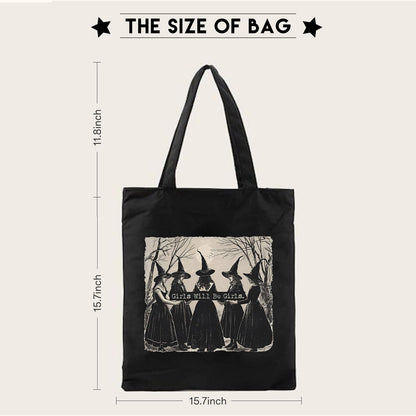 Kimoli Aesthetic Witchy Canvas Tote Bag for Women Funny Witchy Gifts for Women Cute Girls Will Be Girls Canvas Bag Spooky Reusable Beach Shoulder Grocery Casual Bag for Work Travel, Black