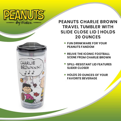 Silver Buffalo Peanuts Charley Brown Lucy Double Wall Travel Tumbler w/Slide Close Lid, 20 Ounces
