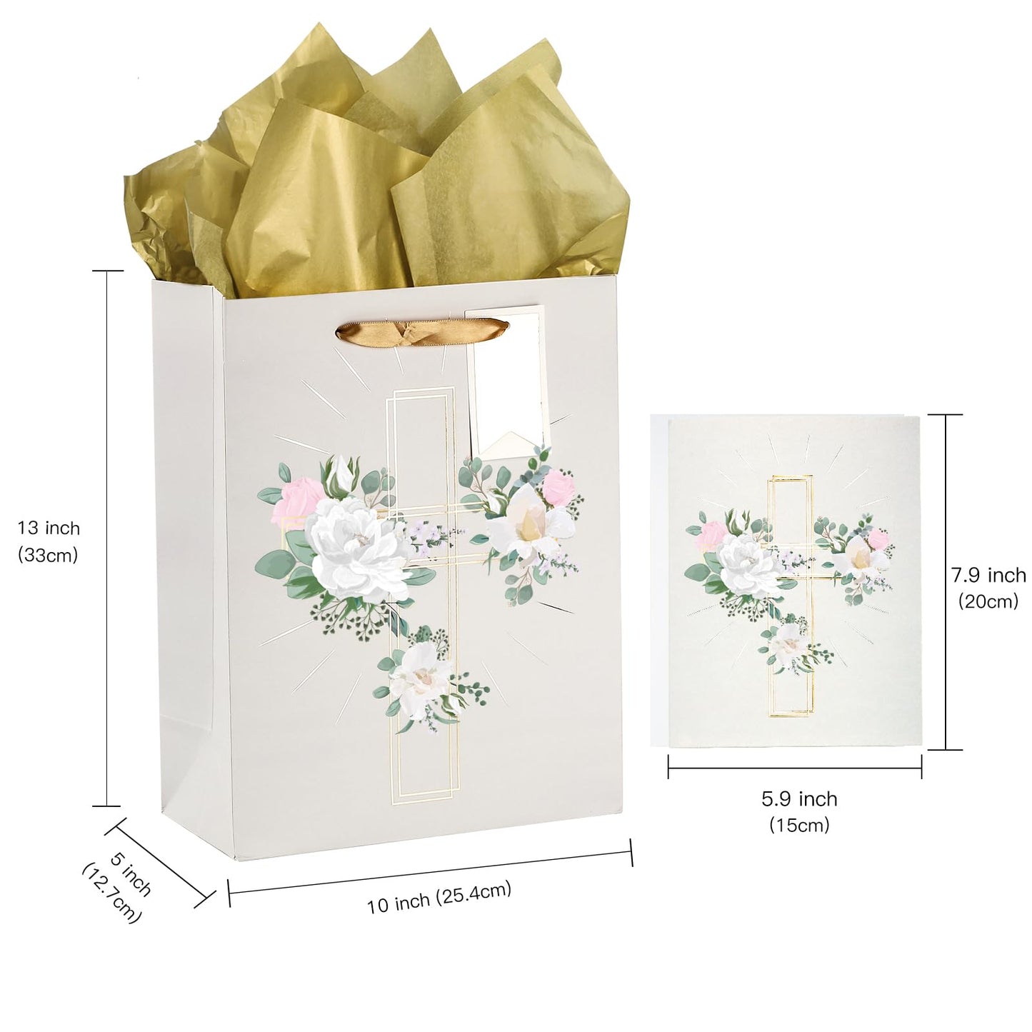 LeZakaa 13" Cross Gift Bag with Flower Design, Silver Christian Gift Bag with Tissue Paper, Gift Tag and Card for Christenings, Religious First Holy Communion, Confirmation, Weddings, Clergy Day