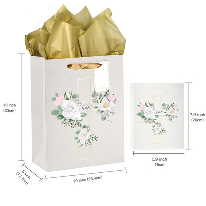 LeZakaa 13" Cross Gift Bag with Flower Design, Silver Christian Gift Bag with Tissue Paper, Gift Tag and Card for Christenings, Religious First Holy Communion, Confirmation, Weddings, Clergy Day