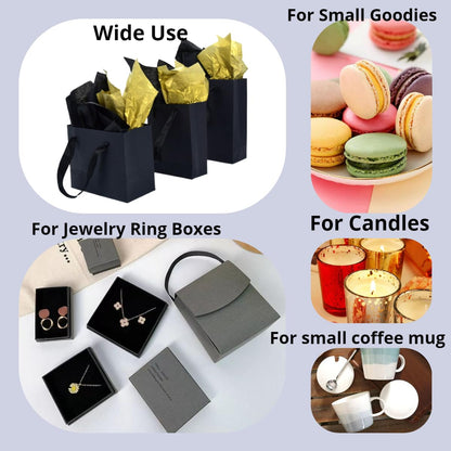 JUNESHE 4 Pack Small Black Gift Bags with Tissue Paper,6.3 inch Mini Tiny Little Paper Bag for Birthday Party Favors Baby Bridal Shower Shopping Presents Wedding