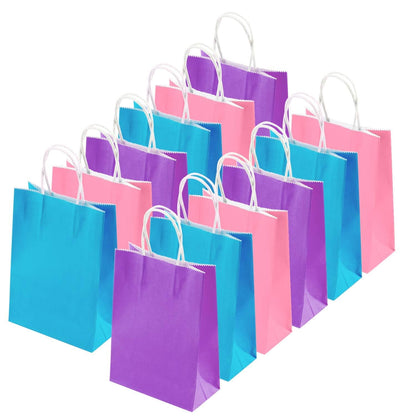 Cooraby 20 Pieces Kraft Paper Bags Party Favor Bags Craft Gift Bag with Handle for Birthday, Baby Shower, Wedding (light blue, light purple, pink)