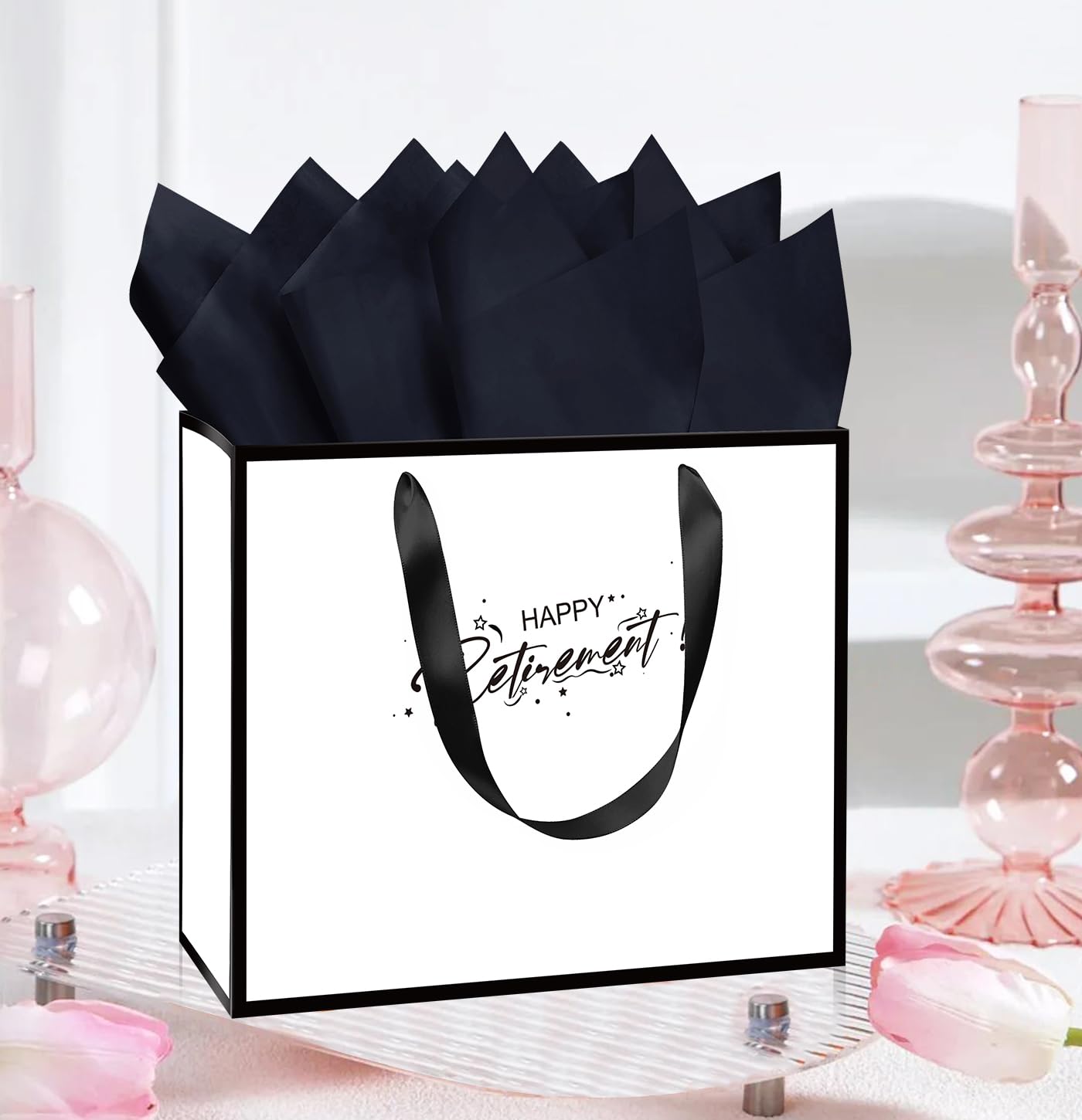 MUNILAIL 13 Inches Retirement Gift Bag Large White and Black Gift Bag with Handle Tissue Paper and Greeting Card for Women Men Retirement Going Away Farewell Party Large Paper Gift Bag
