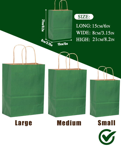 qiqee 50-Packs Gift Bag with Handles Bulk Kraft Deep Green Paper Bags Multiple Uses (8.3"x3"x6"inch Small Size)