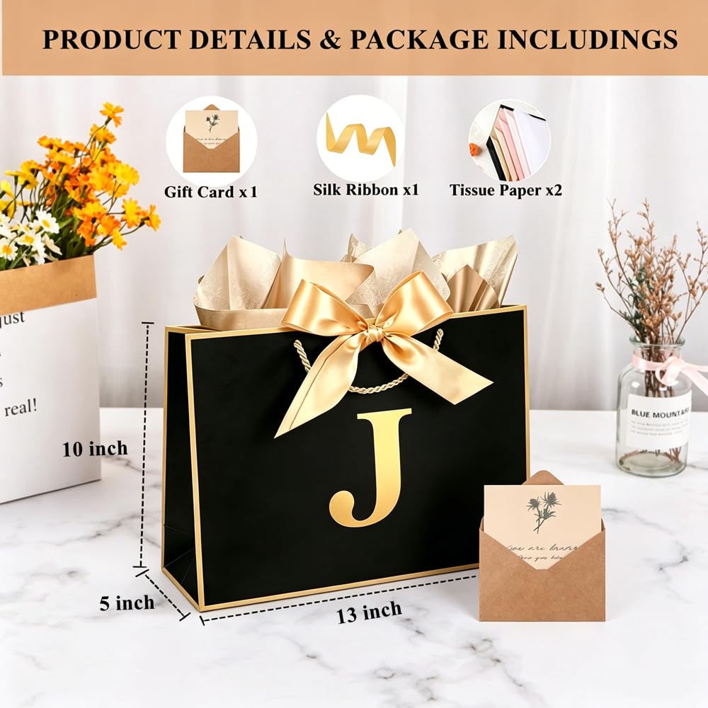 Topaliving Personalized Gift Bag with Card and Tissue Paper, 26 Letters Birthday Gift Bag 13''Custom Valentines Weddings Present with Initials/Numbers for Women Men Kids (Blue,J)