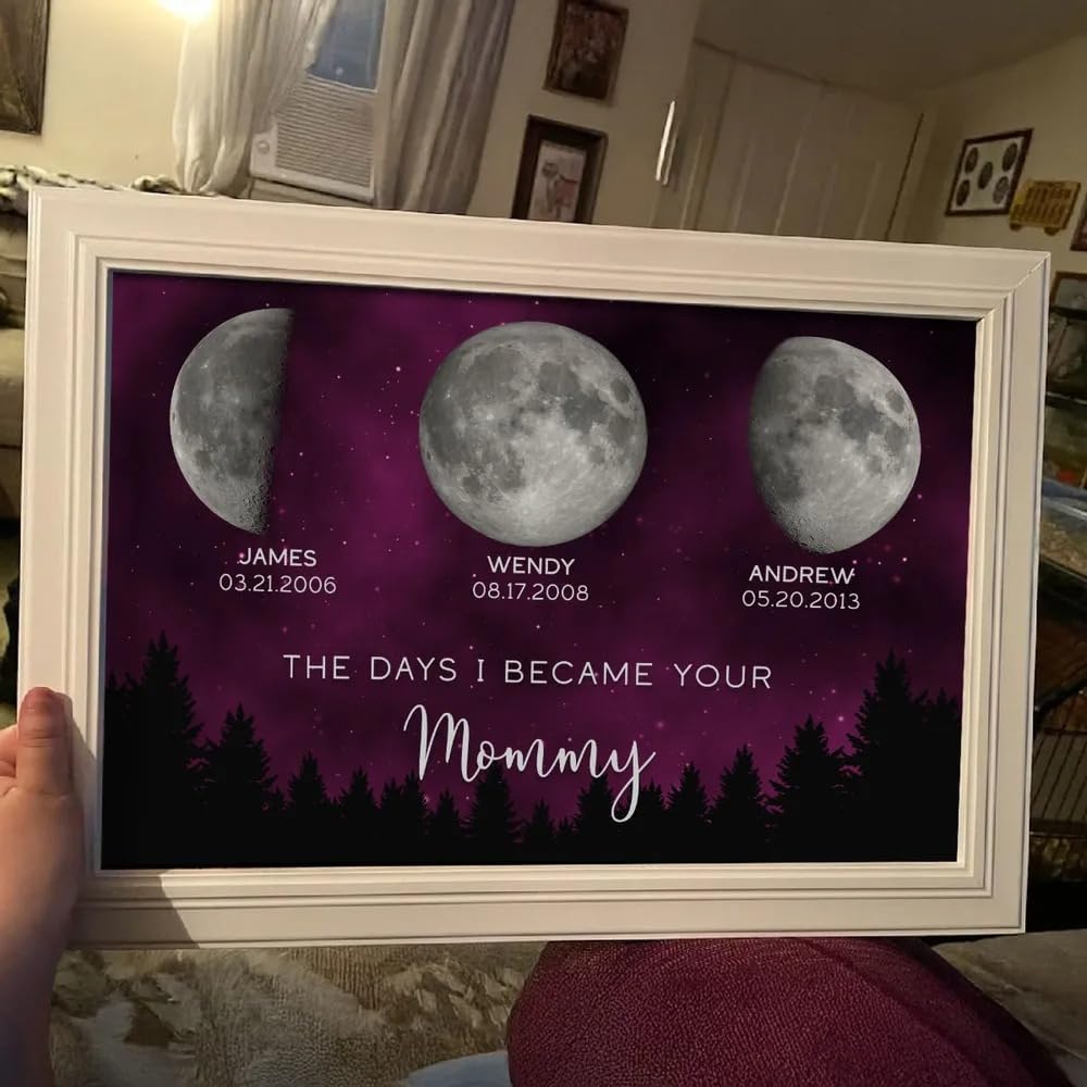 NAZENTI Night The Days You Became Our Mom Birthday Moon Phase Personalized Poster, A Heartfelt Gift for Mom’s Birthday, Mother’s Day Canvas, Moon Phase Mothers Day Gift