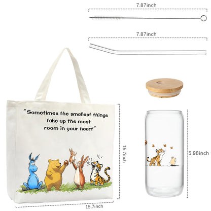 Cute Bear Gifts for Women, Canvas Tote Bag & 16 oz Iced Coffee Glass Cup Set, Birthday Gifts for Best Friends Bear Lovers