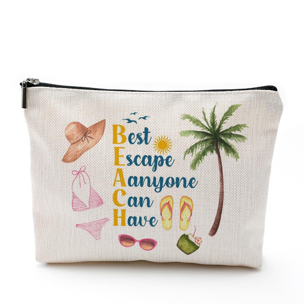 ZUYUROU Beach Makeup Bag for Women, Funny Travel Cosmetic Pouch, Beach Please Zipper Bag, Summer Vacation Gift, Tropical Aesthetic Bag for Girls, Best Escape Anyone Can Have Travel Organizer