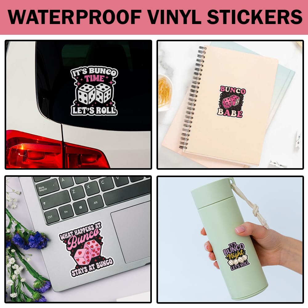 SODAVA Funny Bunco Stickers Pack of 10 – Game Vinyl Decals for Bunco Night, Bunco Babe Queen Group, Waterproof Cute Bunco Accessories for Women, Scrapbook Laptop Water Bottle Decor