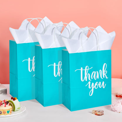 DjinnGlory 50 Pack Medium Sized Teal Blue Gift Bags Thank You Paper Bags with Handles 10''x8''x4'' and 50 White Tissue Paper for Small Business Shopping, Wedding Baby Shower Party Favors (Teal)