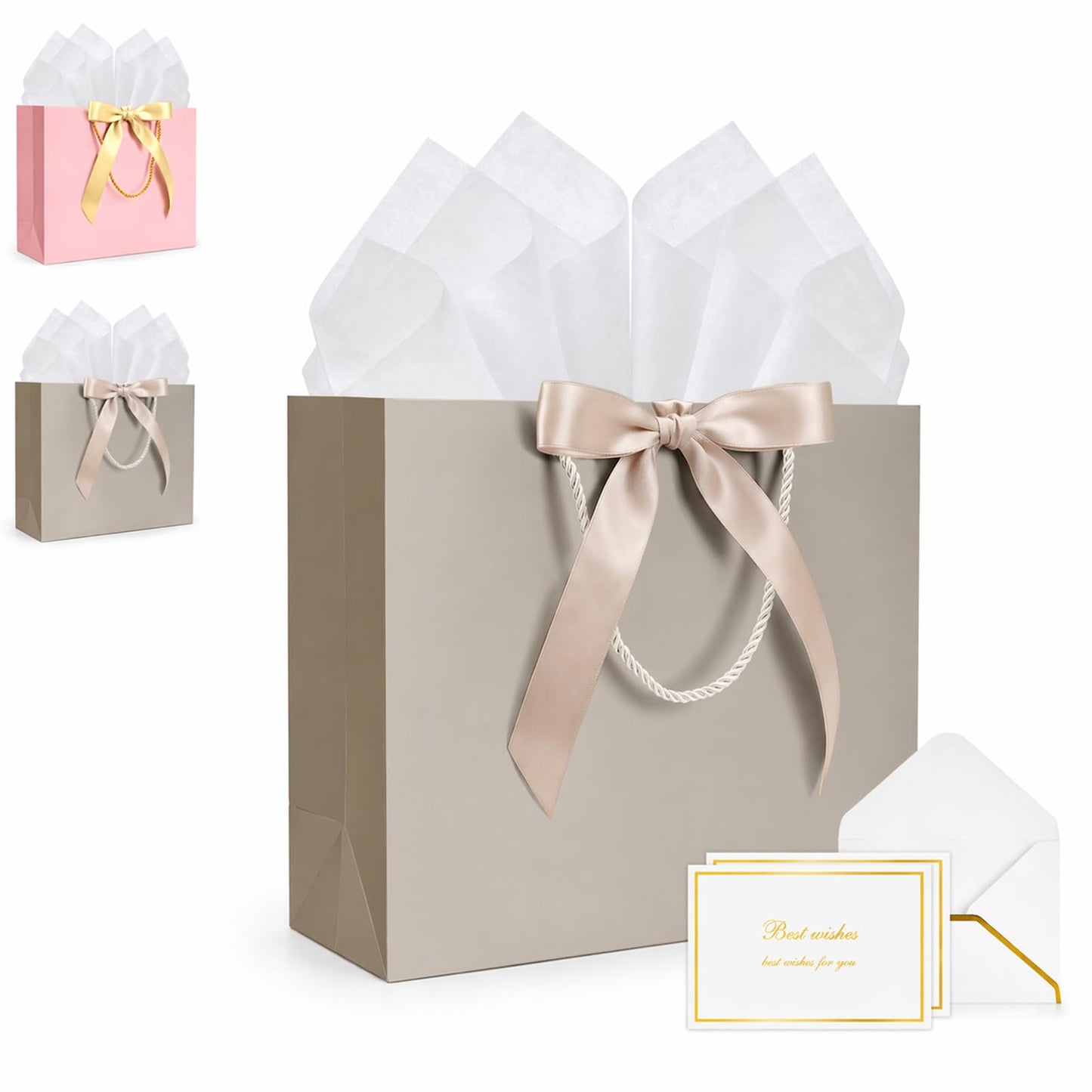 MESHA Gift Bags Set with handles and Bow Ribbon, 2 Greeting Cards and 1 Matching Envelope with 4 Tissue Paper ,1Pcs Champagne Luxury Portable Paper Gift Bag for Baby Shower Birthday Party Favor Wedding Graduation Mother's Father's Day
