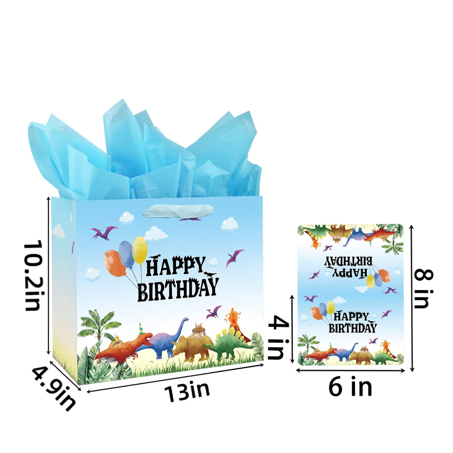 13" Large Watercolor Dinosaur Birthday Gift Bag for Boy Kids with Card and Tissue Papers (13" Blue)