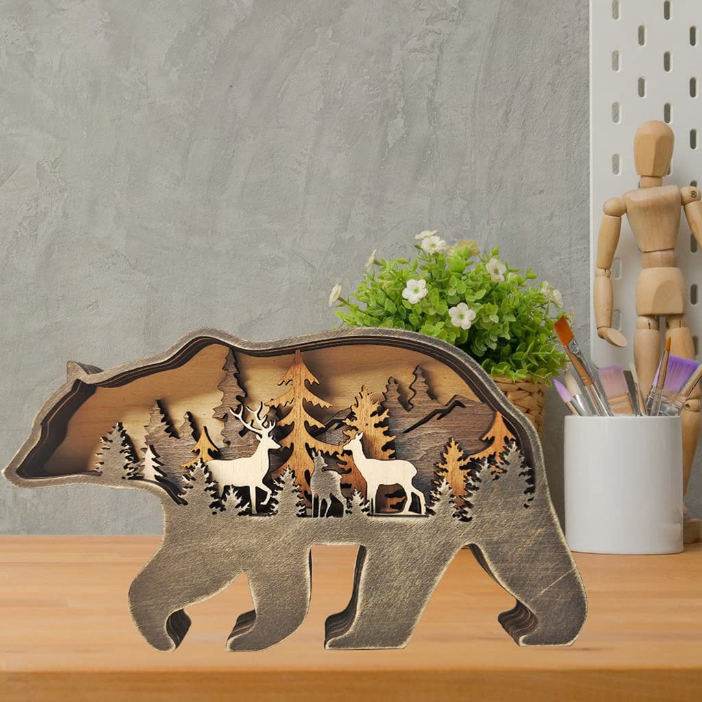 MACLARONX Wood Bear Art Decor Multi-Layer Brown Bear Figurine Rustic Home Shelf Desktop Decorations Creative Wild Animal Cutout Silhouette Crafts