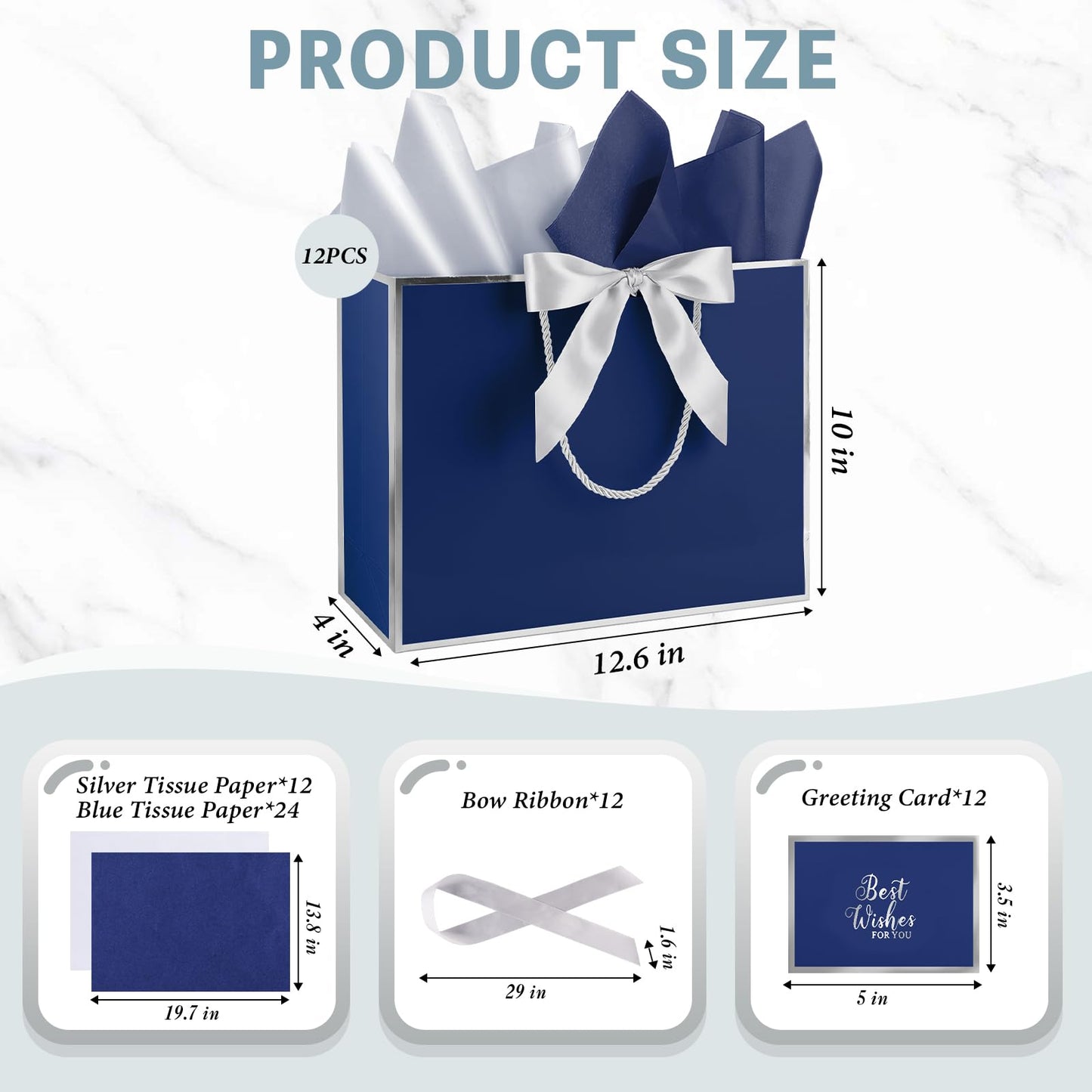 Addblu 12 Pack Large Navy Blue Gift Bags with Handles, 12.6x10x4'' Includes 36 Tissue Papers, Bow Ribbon & Cards for Wedding, Birthday, Bridesmaid, Groomsmen, Valentine's Day, Easter (Blue and Silver, 12pcs)