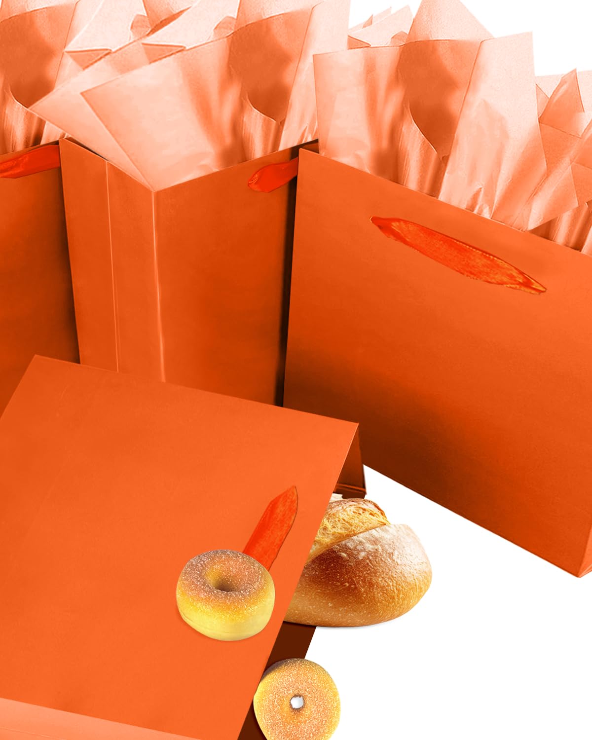 qiqee 5PCS Bright Orange Gift Bags with Ribbon Handles 9.6"x7.9"x4.3" Medium Size Gift Bags (Tissue Paper included, Medium Wide)