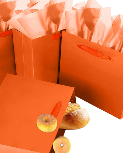 qiqee 5PCS Bright Orange Gift Bags with Ribbon Handles 9.6"x7.9"x4.3" Medium Size Gift Bags (Tissue Paper included, Medium Wide)
