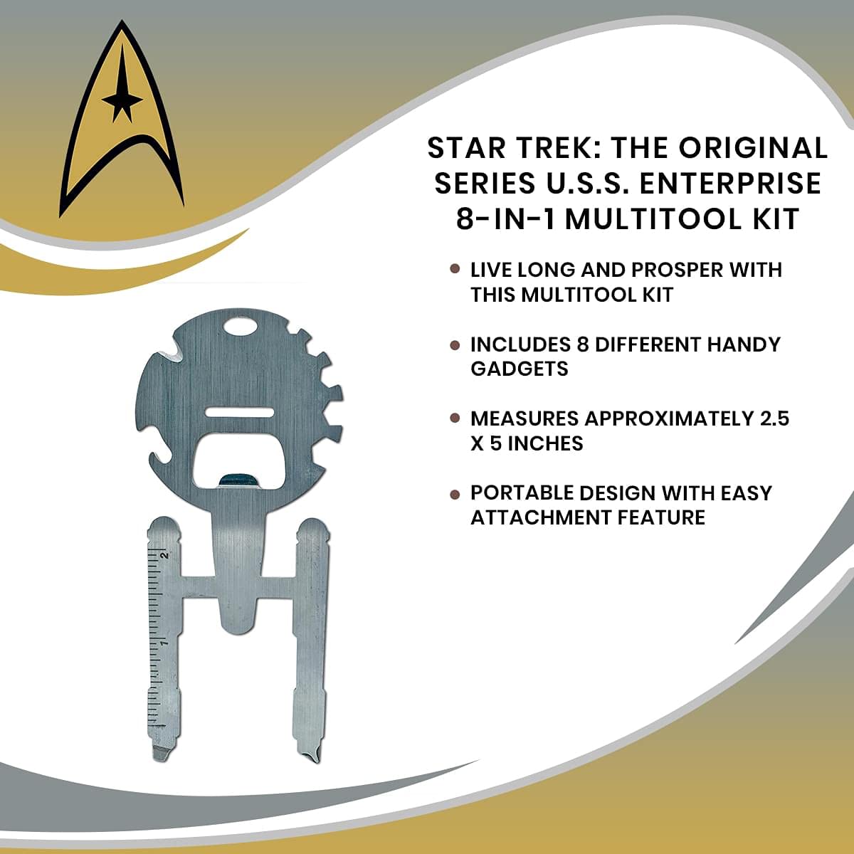 Star Trek: The Original Series U.S.S. Enterprise 8-In-1 Multitool Kit | Includes Screwdriver, Wrench, Bottle Opener, Cord Cutter, Protractor, Hand Tools | Portable Survival Camping Tool