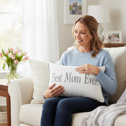 Sanmetex Mom Gifts from Son, Daughter - Best Mom Ever Lumbar Pillow Cover, 12x20 Inch, Embroidered, Ivory