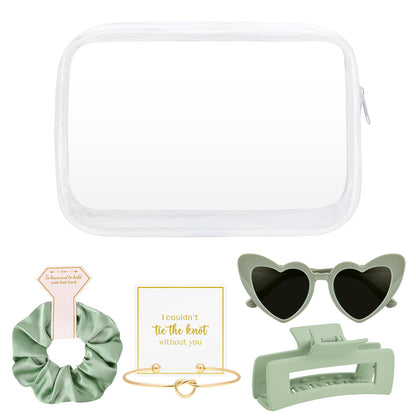 DEEKA 5 Pcs Bridesmaid Proposal Bag Set Gift Clear Makeup Toiletry Bag Bachelorette Party Favors Sunglasses Hair Claw Clips Scrunchies Knot Bracelets Bridal Wedding Party Gifts (Sage Green)