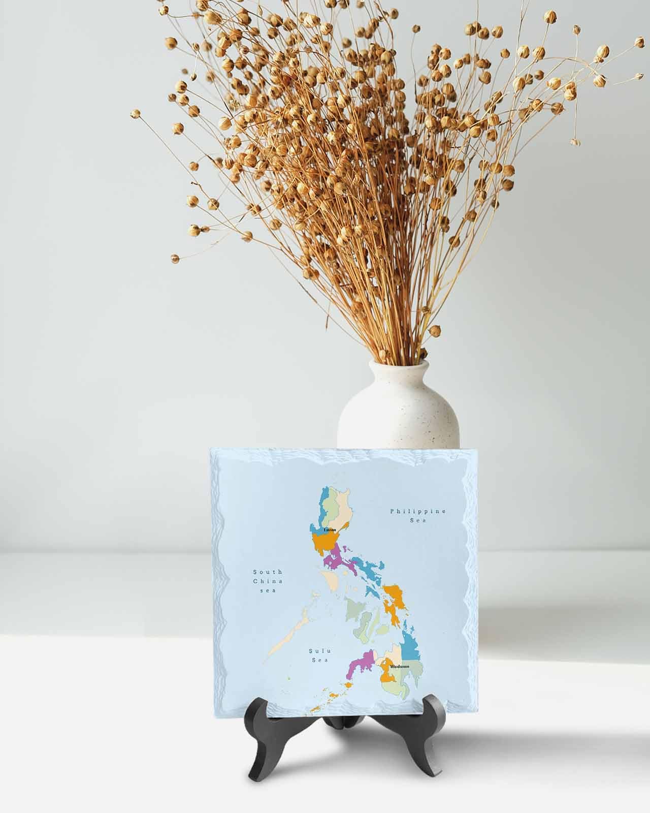 Philippines Map with Blue Ocean Ceramics Plaques Gift for Women/Men, Asian Area Table Decoration Plaque with Wooden Stand, Decorative Desk Sign for Office, Bedroom