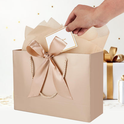 Gfractolux Large Gift Bags for Present, 1 Pcs Gift Bags for Women Men with Tissue Paper and Cards, Gift Bags for Birthdays, Baby Shower, Wedding, Anniversary 14.2" x 9.8" x 4.7" (Champagne)