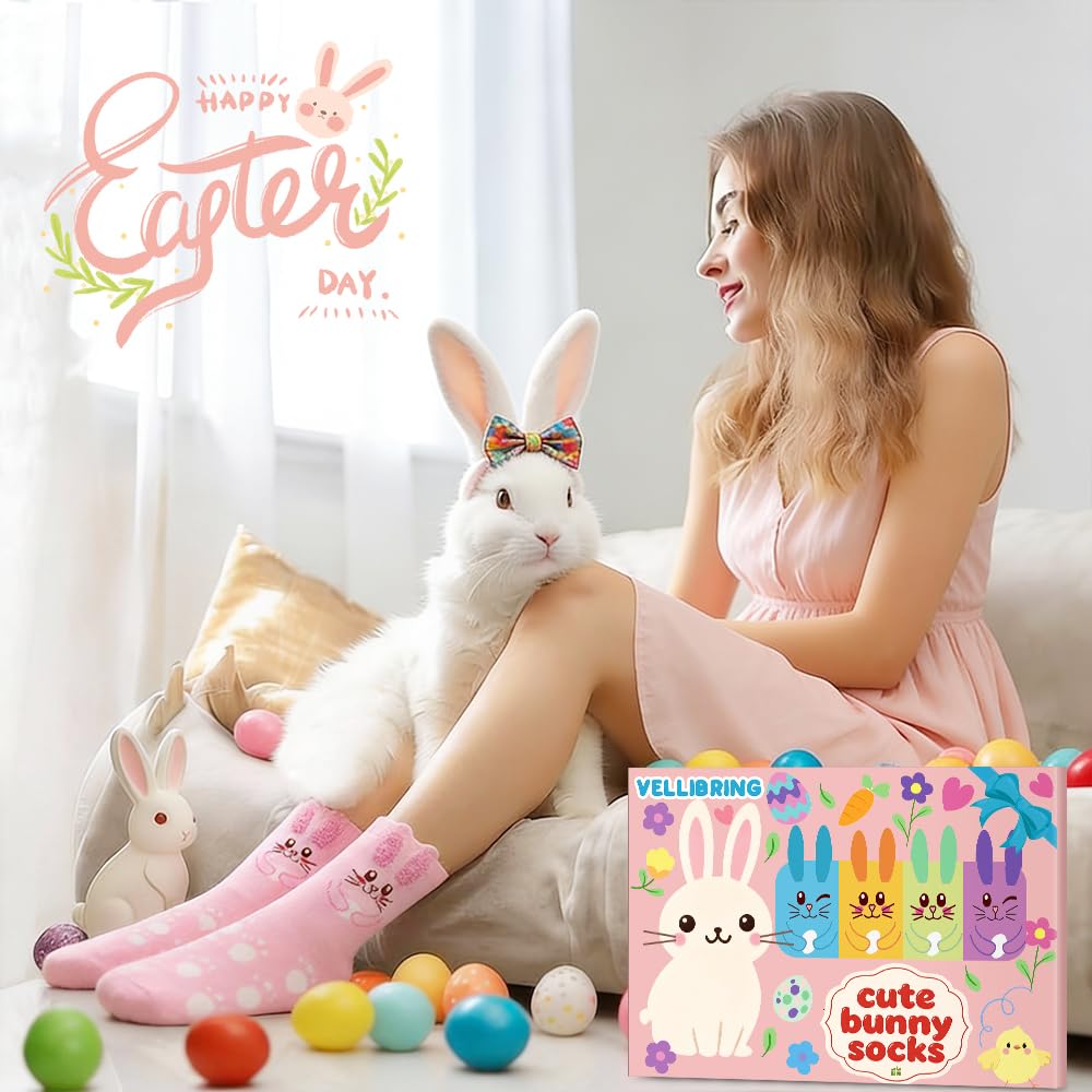 Vellibring 5 Pack Easter Bunny Socks Gifts for Women Cute Fuzzy Novelty Funny Colorful Rabbit Socks Easter Birthday Gifts for Girls Mom Sister