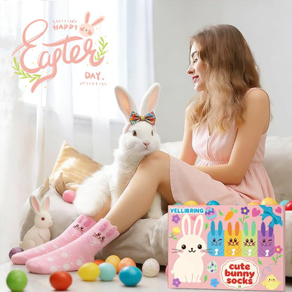 Vellibring 5 Pack Easter Bunny Socks Gifts for Women Cute Fuzzy Novelty Funny Colorful Rabbit Socks Easter Birthday Gifts for Girls Mom Sister