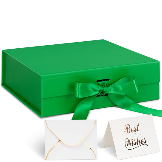 Shindel Luxury Gift Box with Lid - 10.5" x 7.5" x 3.1", Green, Magnetic, Bridesmaid Box with Ribbon and Greeting Card