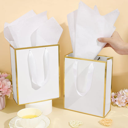 Yeaqee 50 Pack Metallic Gift Bags with Handle and Tissue Paper Gold Foil Thank You Bag for Graduation Wedding Groomsmen Bridal Baby Shower Gifts Holiday Party Favors 9x7x3.15'' (White Gold)