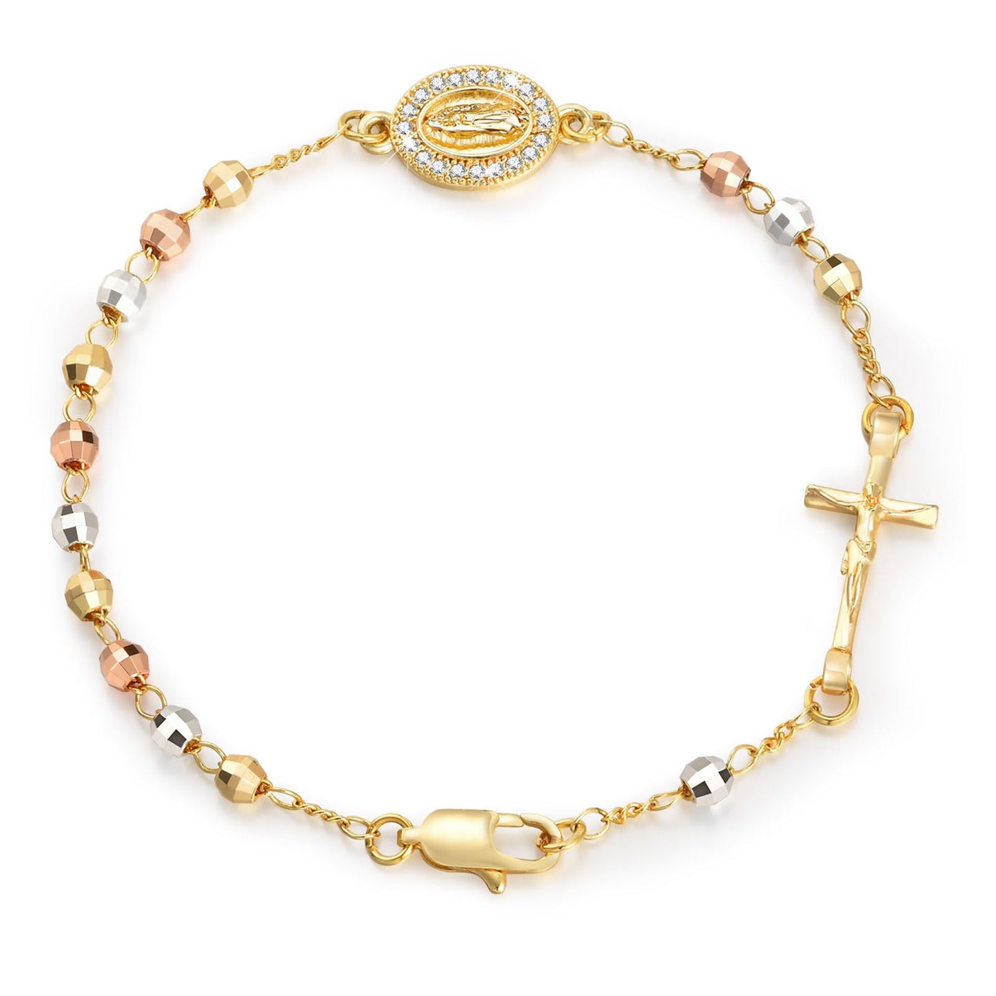 Catholic Crucifix Gifts Rosary Bracelet for Women-14K gold plated Virgin Mary Jesus Cross Charm Link Chain, Dainty Virgen de Guadalupe Religious Gift for Confirmation Baptism First Communion Easter